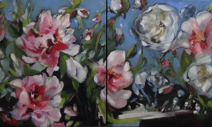 Peinture Pivoines roses et bleues - Virginie RESSY 