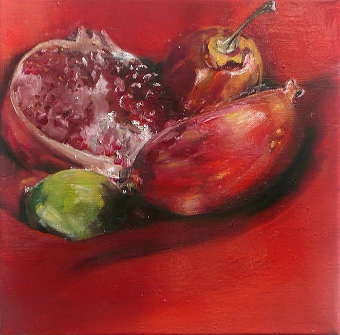 Peintre lyonnais- Huile 30x30 Rouge passion