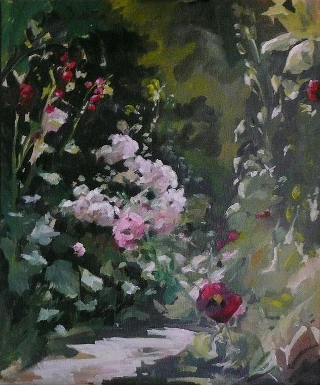 Huile 65x54 peintre lyonnais - Tableau Jardin d'été 1