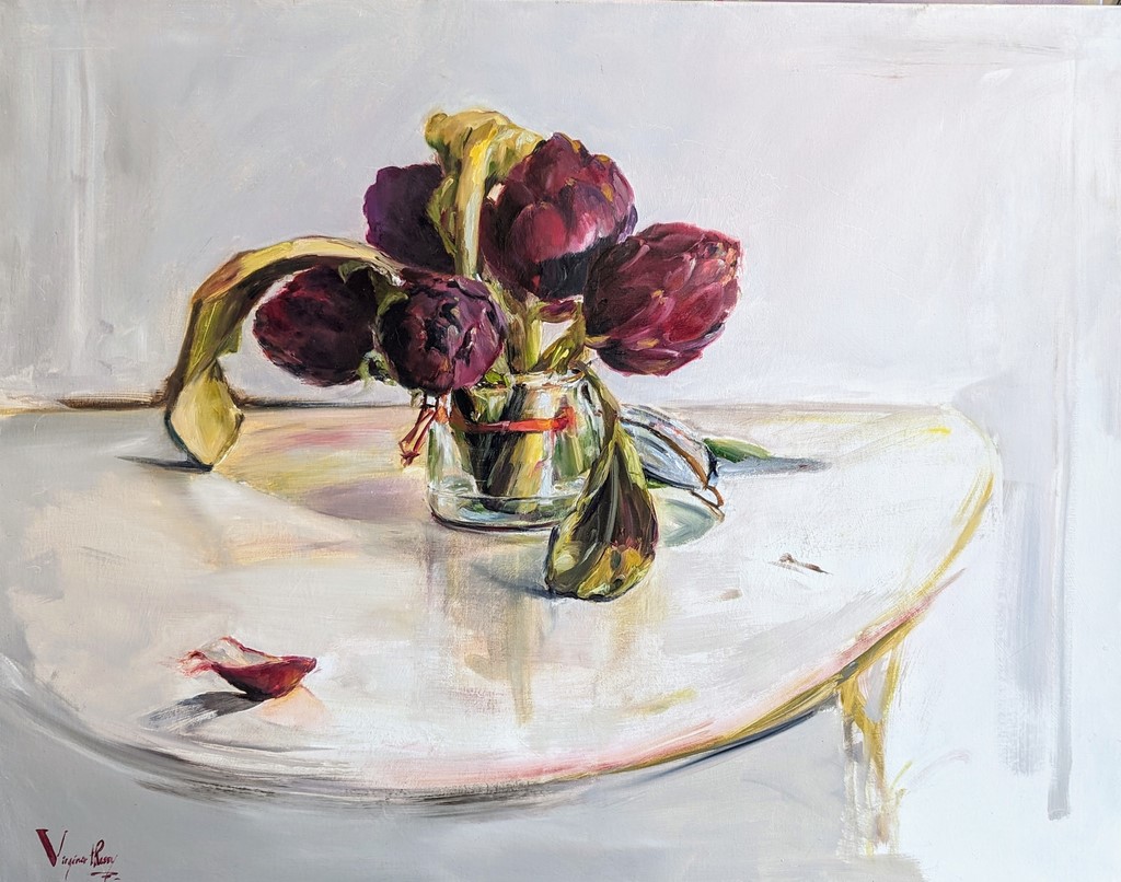 Bouquet d'artichauts huile sur ch^ssis toilé lin 92x73